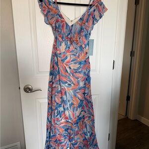 London Times Coral & Blue Floral Ruffle Maxi Dress - NWT